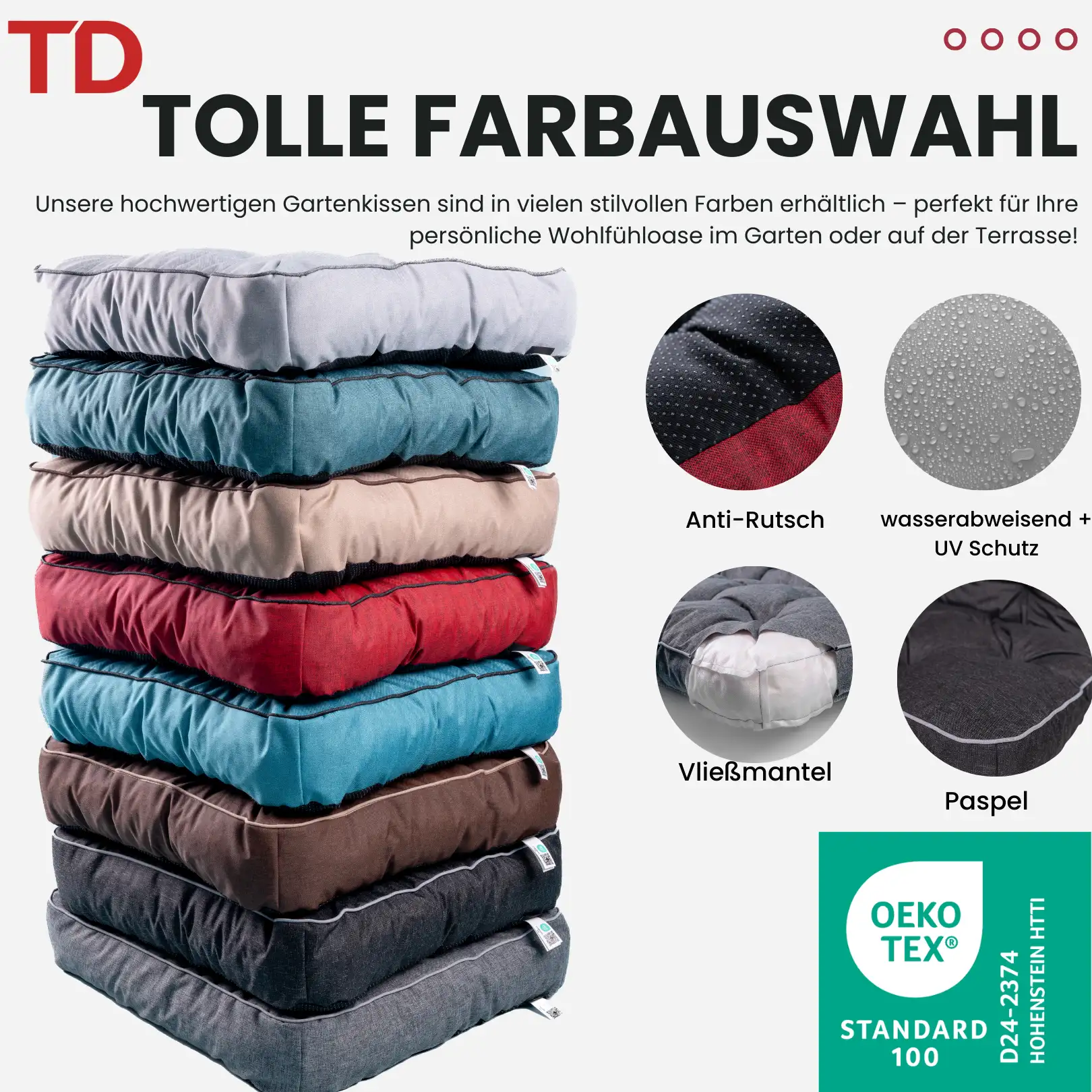 TexDeko® Ecolen Loungekissen – Premium Gartenkissen mit Rückenpolster wasserabweisend für Rattanmöbel in verschiedenen Größen und Farben