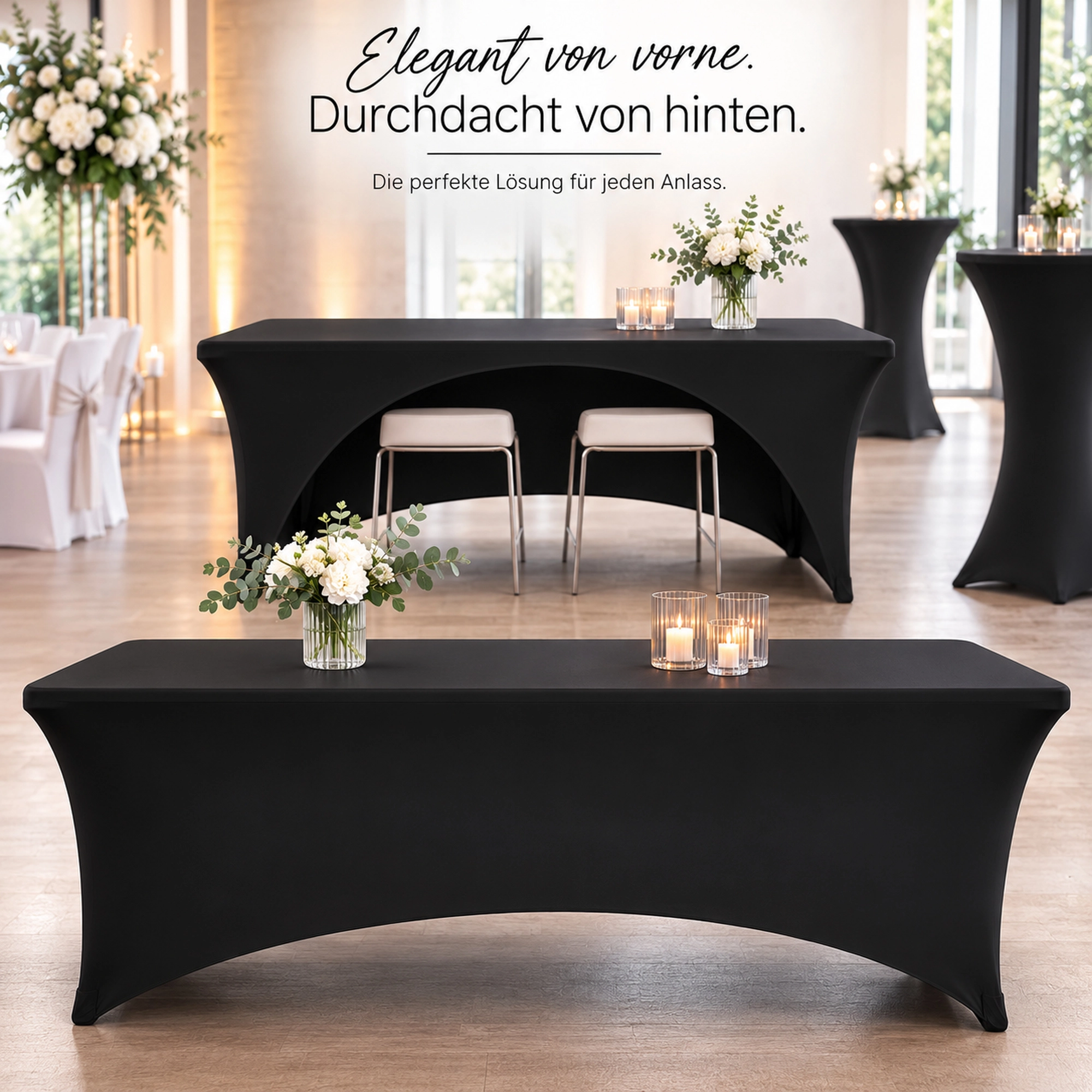 TexDeko Stretch Bankettischhusse 180 × 80 × 74 cm – Tischhusse mit offener Rückseite, Beinfreiheit & Stauraumzugang – für Banketttisch, Messe, Event & Catering Schwarz