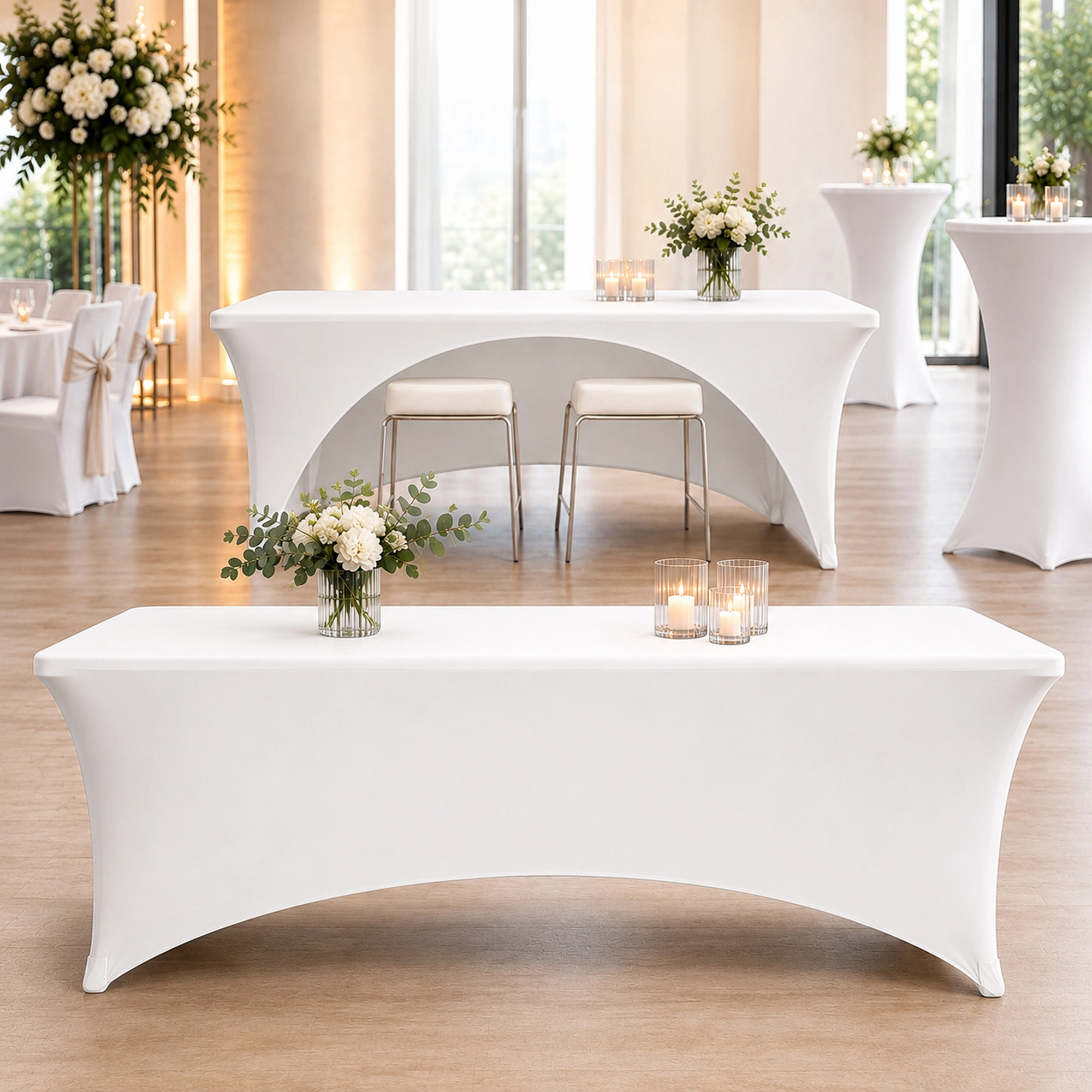 TexDeko Stretch Bankettischhusse 180 × 80 × 74 cm – Tischhusse mit offener Rückseite, Beinfreiheit & Stauraumzugang – für Banketttisch, Messe, Event & Catering Weiß